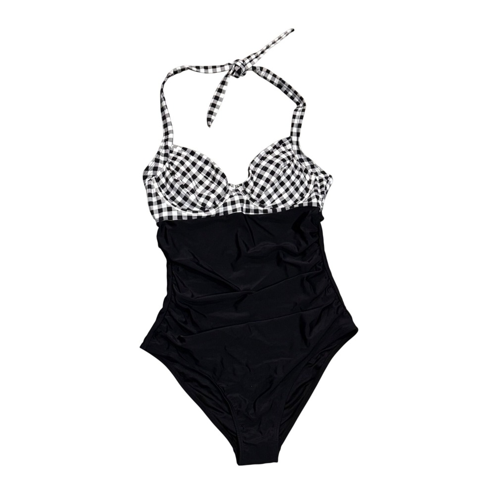 Cupshe One Piece Swimsuit Women Lg TALL Black Gingham New Tummy Control Halter